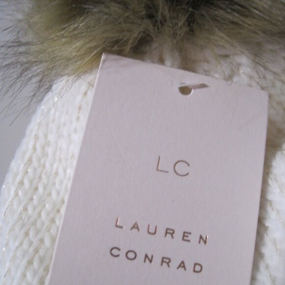 Lauren Conrad Knit Sparkle Beanie Hat White Cream Ivory Faux Fur Pom Pom W/ Pin - Picture 2 of 6